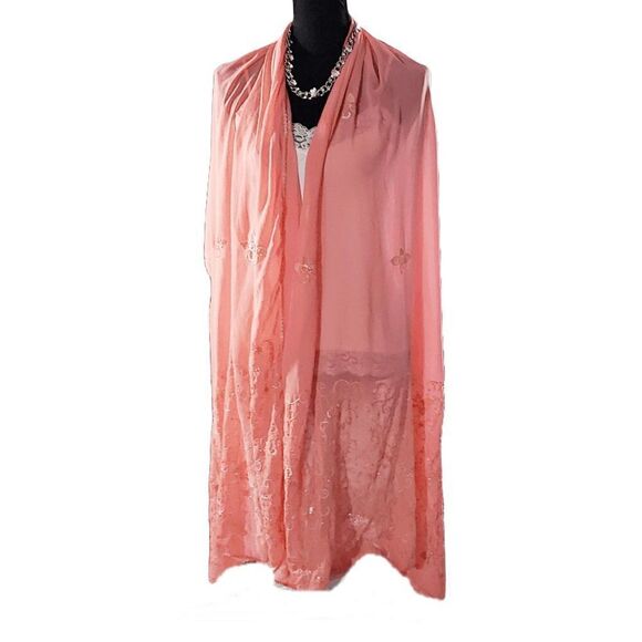 Elegant Peach Floral Embroidery Sequin Rhinestone Sheer Kimono Shawl Wrap OS 35W - Picture 1 of 6